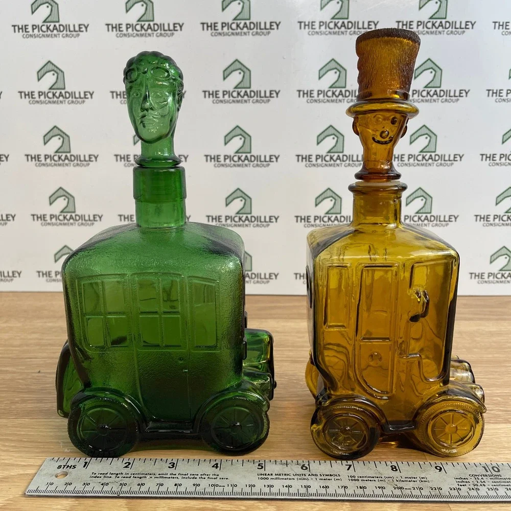 Vintage Glass Decanter Set Green Amber Carriage Car Driver Top Hat Taiwan 2pc
